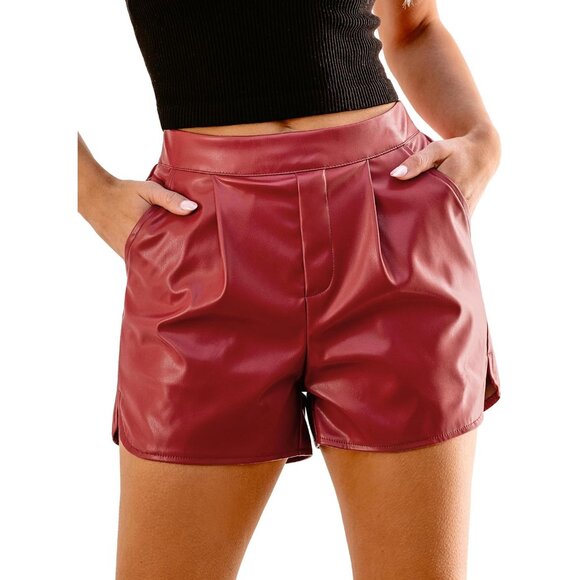 Women's Red High Waisted Pleated Wide Leg Stretchy Pu Faux Leather Shorts